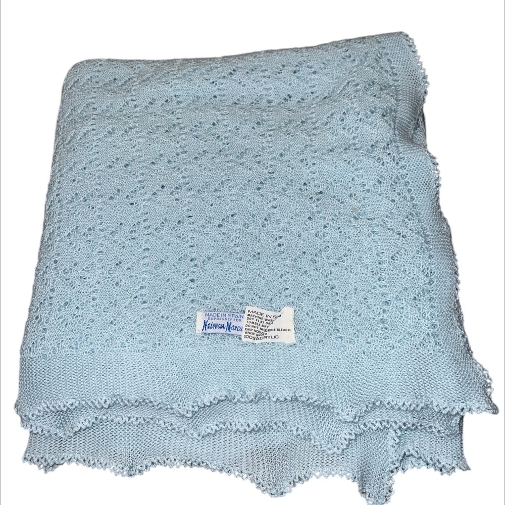 Rare Neiman Marcus Baby Blue Knitted Blanket Made In Spain Vintage 53”x54”